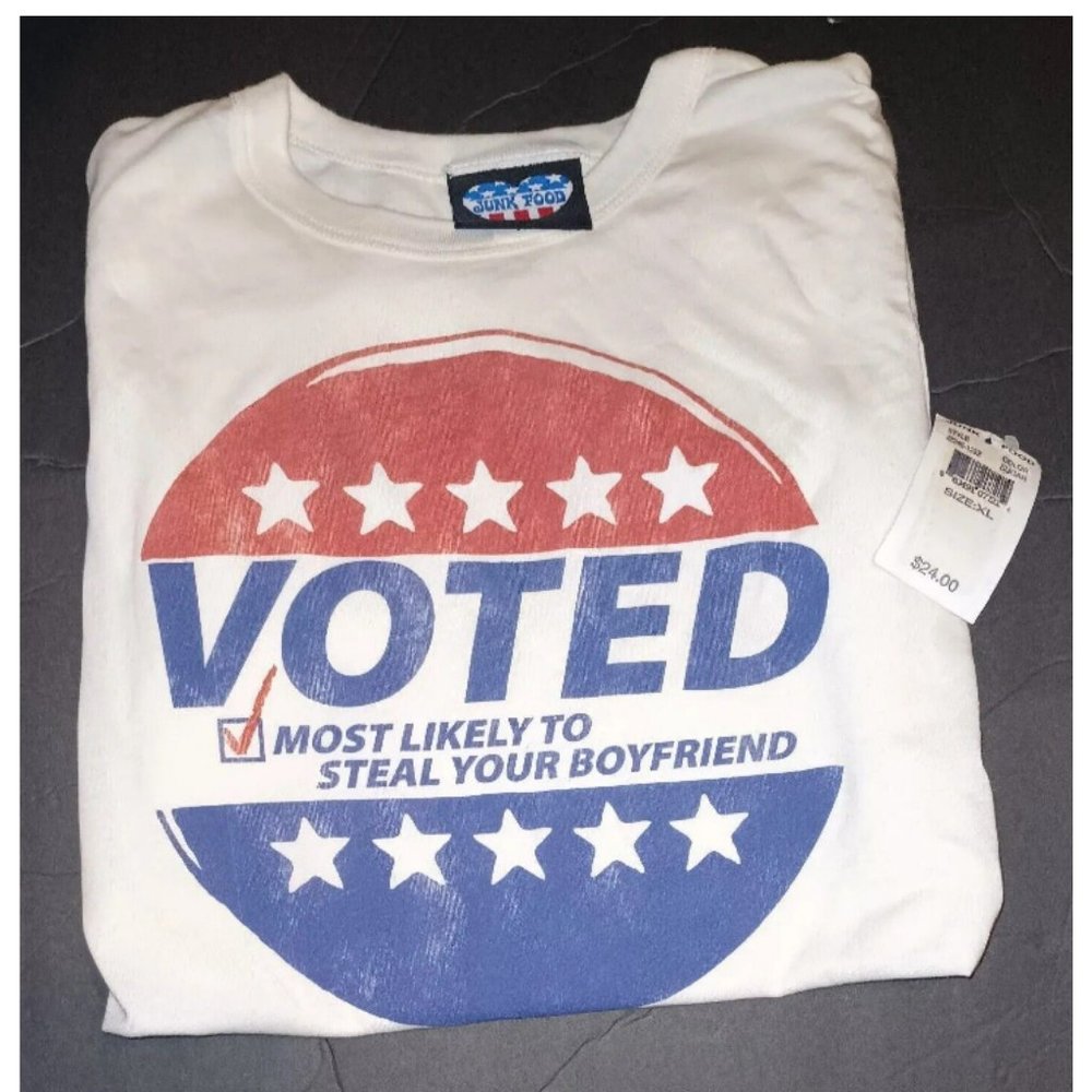 Junk Food Tee Shirt Voted Most Likely To Steal Your Boyfriend XL Juniors Slim